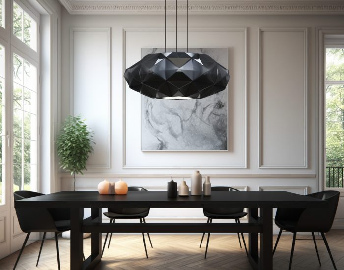 black pendant hung over table in modern dining room, in the style of low poly, aluminum, architectural illustrator, luminous sfumato, fine detailed, 20th century scandinavian style, delicate lines --v 5.2 Job ID: 6ce8686c-82e7-46e0-b484-f84781ca56b1